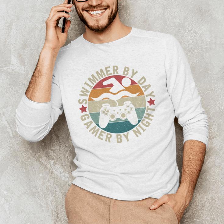 Swimmer By Day Gamer By Night Swimming Swim Gaming Men's Long Sleeve T-Shirt