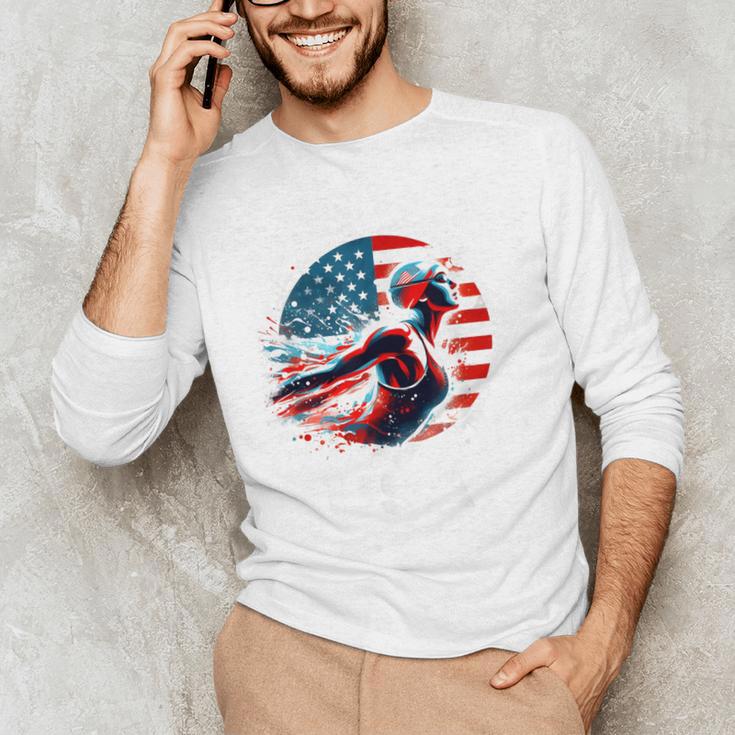 Swimming United States Apparel American Flag Swimming Men's Long Sleeve T-Shirt Swimming United States Apparel American Flag Swimming Men's Long Sleeve T-Shirt