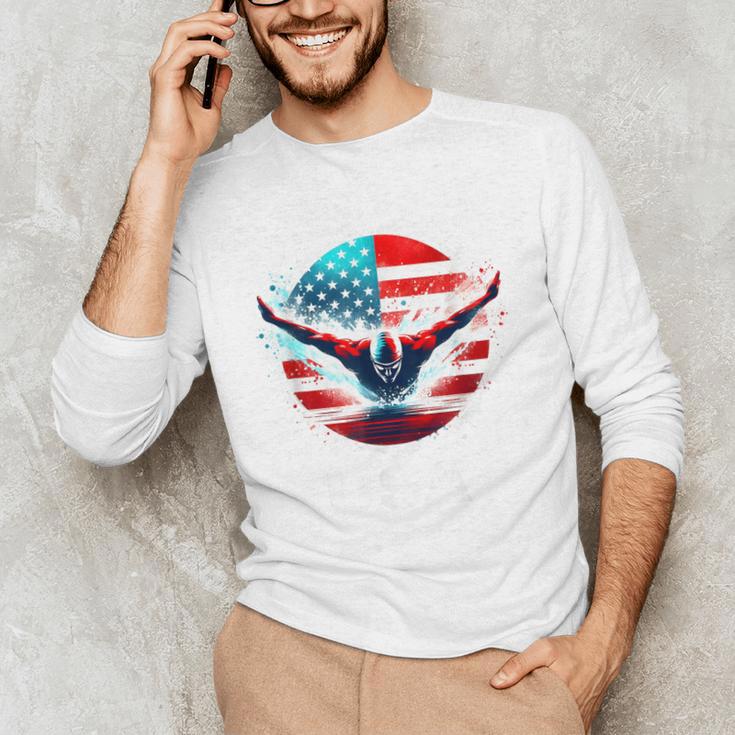 Swimming United States Shirt With American Flag Swimming Men's Long Sleeve T-Shirt