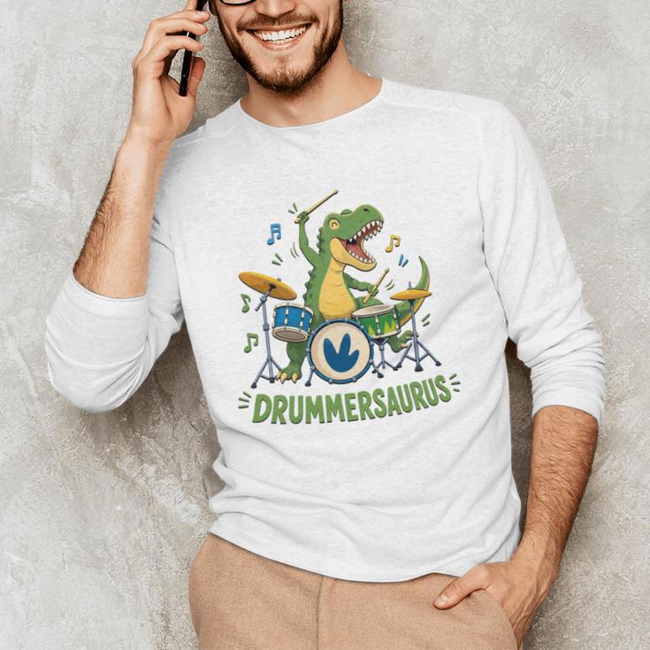 T-Rex Drumming With Drum Kit And Musical Notes Men's Long Sleeve T-Shirt