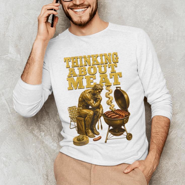 Thinking About Meat BBQ Dad Humor Raglan Baseball Tee Men's Long Sleeve T-Shirt