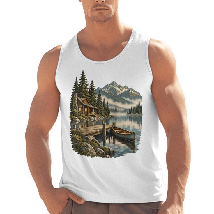 Lakeside Canoe Cabin Escape Scene Raglan Baseball Tee Men Tank Top