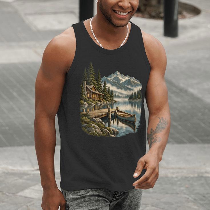 Women's Lakeside Canoe Cabin Escape Scene Men Tank Top Women's Lakeside Canoe Cabin Escape Scene Men Tank Top