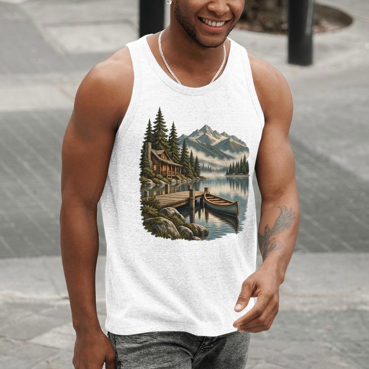 Lakeside Canoe Cabin Escape Scene Men Tank Top