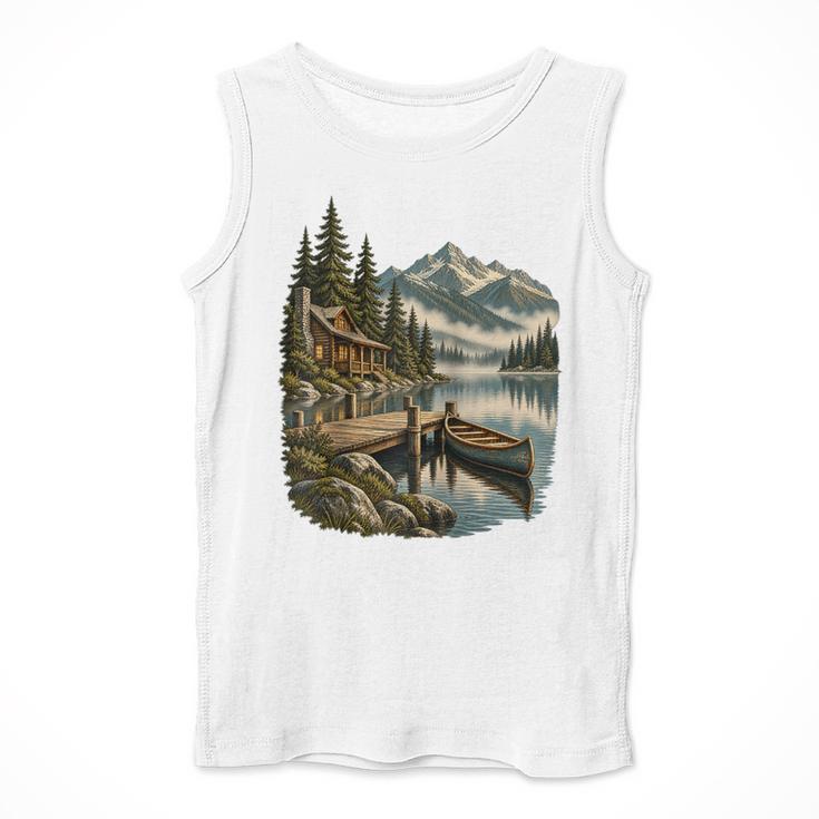 Lakeside Canoe Cabin Escape Scene Raglan Baseball Tee Men Tank Top Lakeside Canoe Cabin Escape Scene Raglan Baseball Tee Men Tank Top