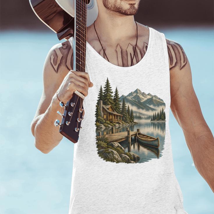 Lakeside Canoe Cabin Escape Scene Raglan Baseball Tee Men Tank Top Lakeside Canoe Cabin Escape Scene Raglan Baseball Tee Men Tank Top