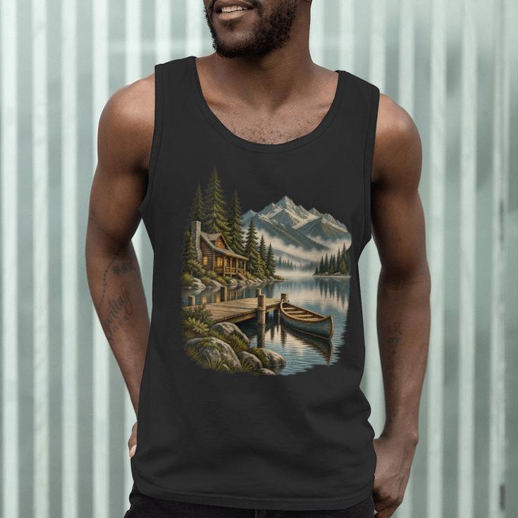 Women's Lakeside Canoe Cabin Escape Scene Men Tank Top Women's Lakeside Canoe Cabin Escape Scene Men Tank Top