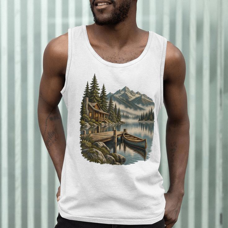 Lakeside Canoe Cabin Escape Scene Raglan Baseball Tee Men Tank Top Lakeside Canoe Cabin Escape Scene Raglan Baseball Tee Men Tank Top
