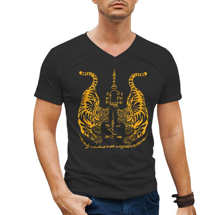 Awesome Orange Double Tiger Muay Thai Sak Yant Men's V-Neck T-Shirt