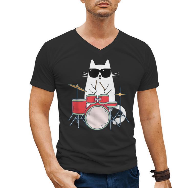 Cat Wearing Sunglasses Playing Drums Drum Kit Musician Men's V-Neck T-Shirt