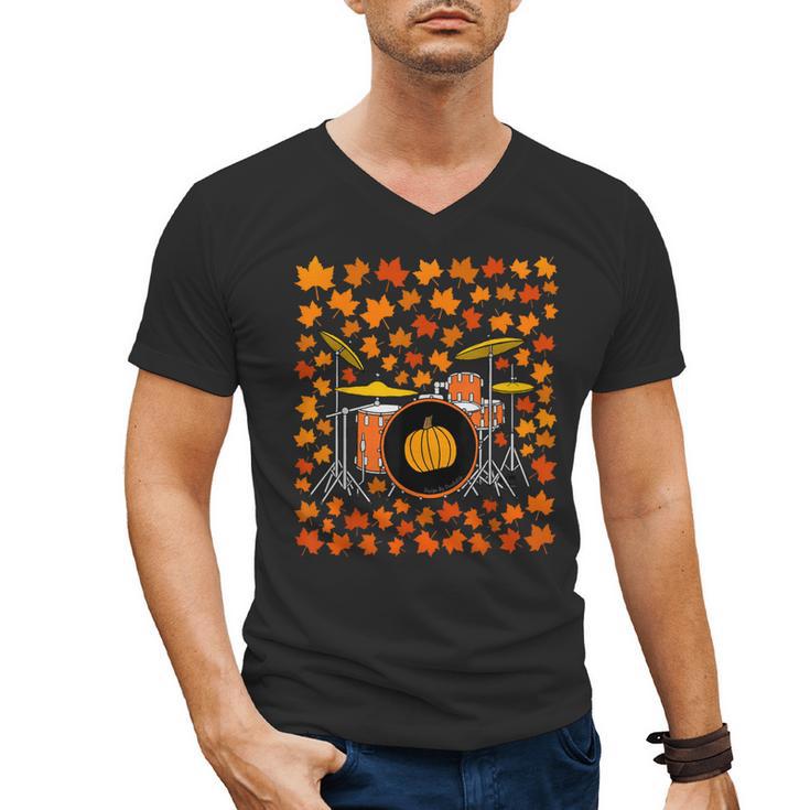 Drum Kit With Leaves Fall Drummer Autumn Musician Men's V-Neck T-Shirt