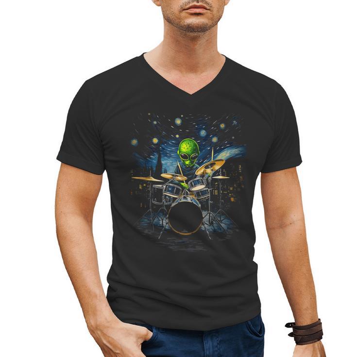 Drum Kit Percussionist Drummer Van Gogh Alien Playing Drums Men's V-Neck T-Shirt