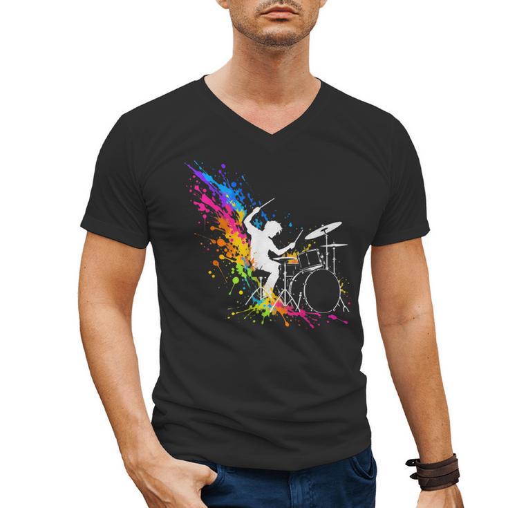 Drummer Silhouette Drum Kit Splatter Art Men's V-Neck T-Shirt