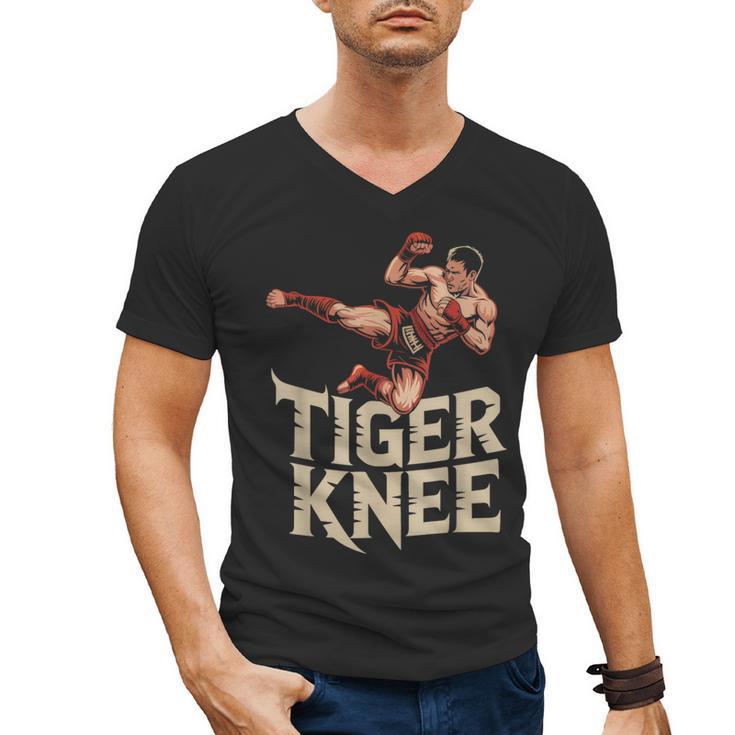 Muay Thai Fighter Tiger Knee Vintage Distressed Badge Men's V-Neck T-Shirt
