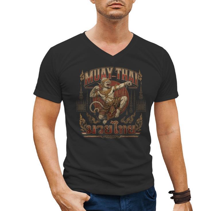 Muay Thai Power Vintage Thai Boxing Warrior Fighter Monkey Men's V-Neck T-Shirt
