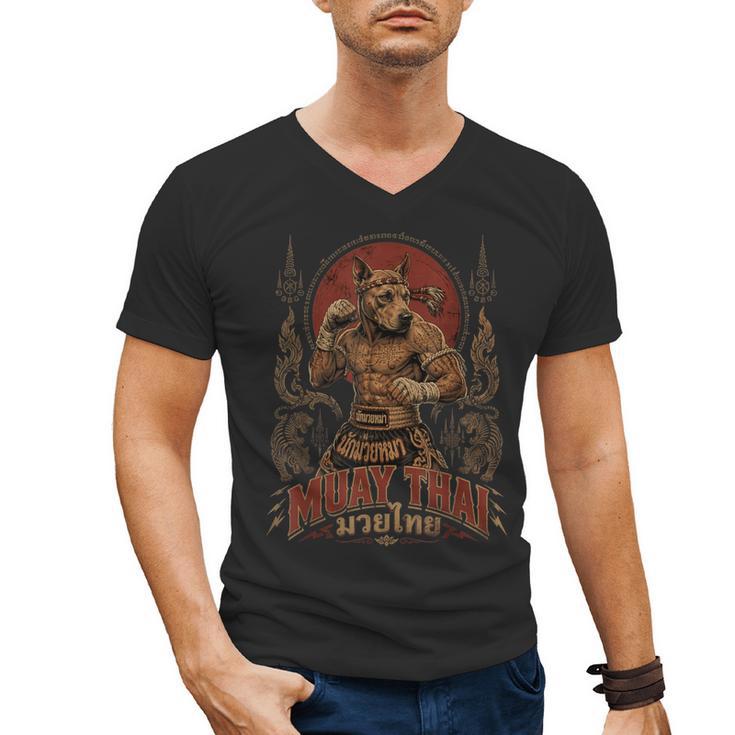 Muay Thai Roots Vintage Thai Boxing Fighter Thailand Dog Men's V-Neck T-Shirt