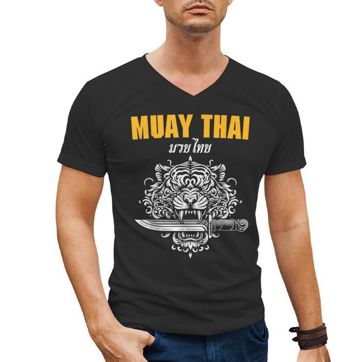 Muay Thai Sak Yant MMA Tattoo Tiger Lion Knife Martial Art Men's V-Neck T-Shirt