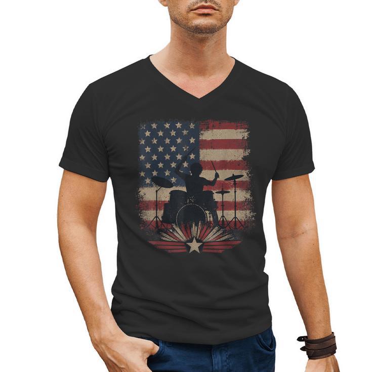 Patriotic Drum Kit Silhouette American Flag Men's V-Neck T-Shirt