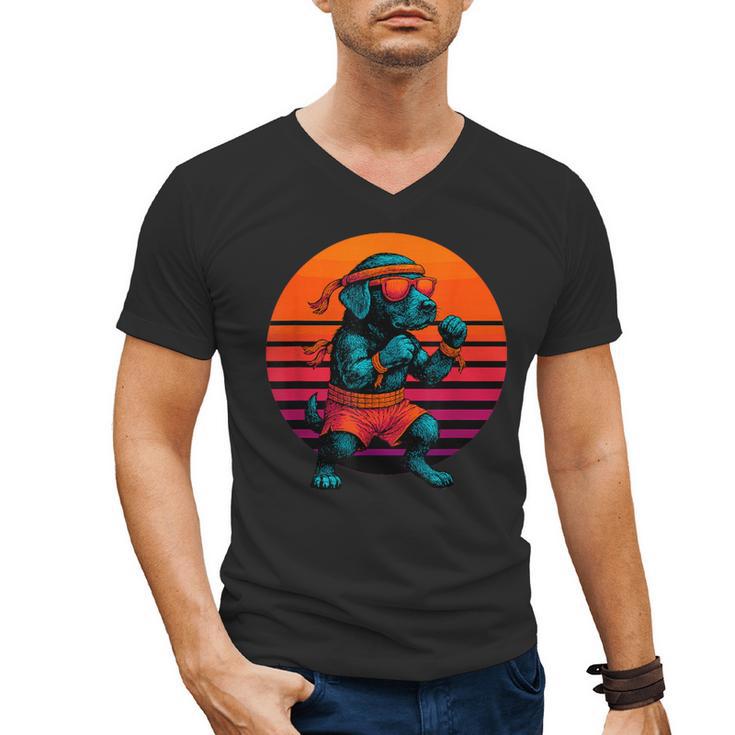 Retro Dog With Gloves Muay Thai Fighter Men's V-Neck T-Shirt