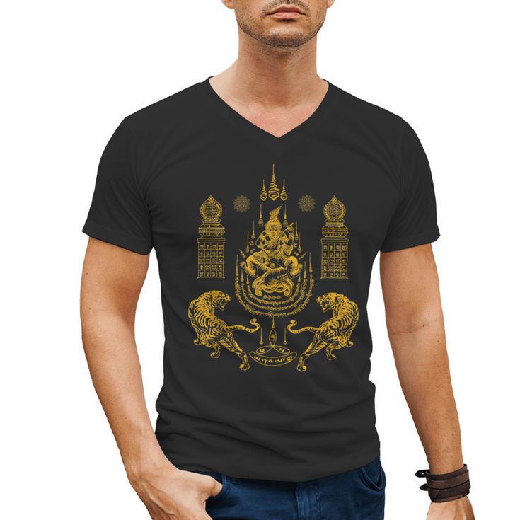 Sawadee Thai Traditional Sak Yant Thai Twin Tigers Muay Thai Men's V-Neck T-Shirt