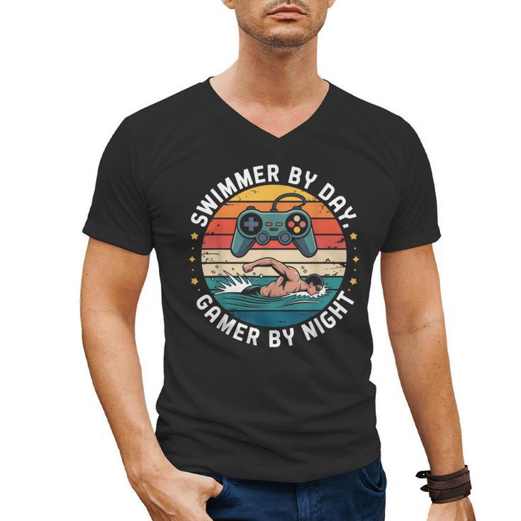 Swimmer By Day Gamer By Night Swimming Vintage Gaming Swim Men's V-Neck T-Shirt