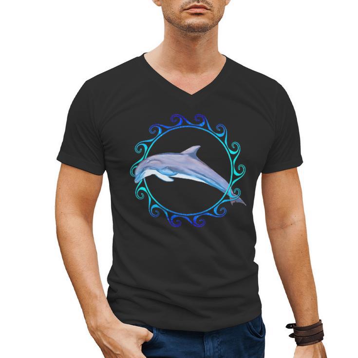 Swimming Dolphin Maori Sun Tribal Waves 2-Sided Men's V-Neck T-Shirt