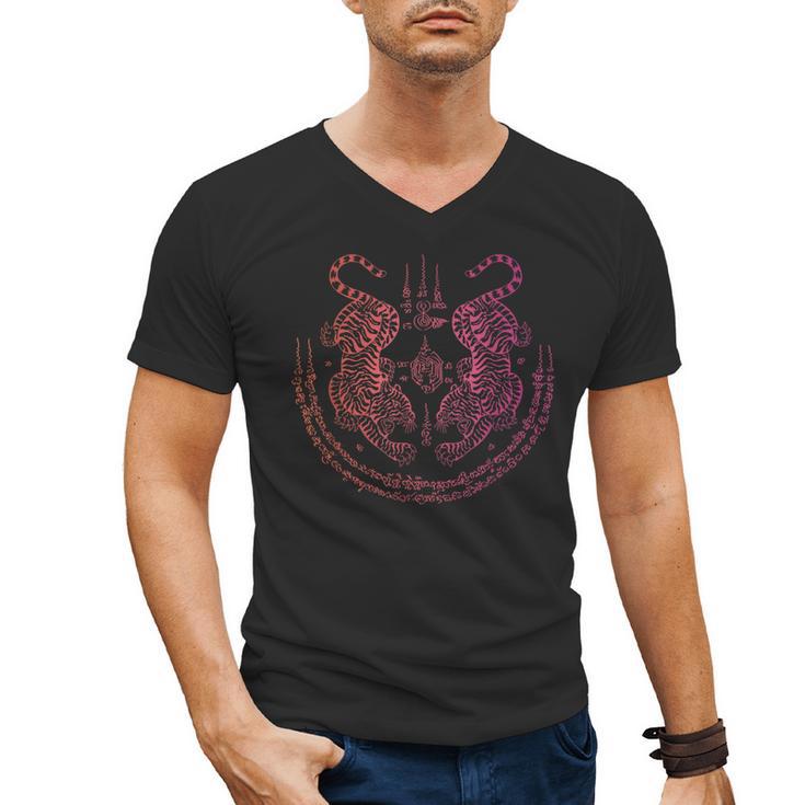Thai Tattoo Twin Tiger Sak Yant Muay Thai Thailand Graphic Men's V-Neck T-Shirt
