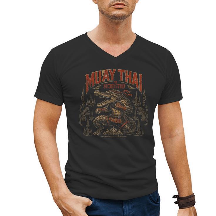 Vintage Muay Thai Wai Kru Thai Boxing Ritual Art Crocodile Men's V-Neck T-Shirt