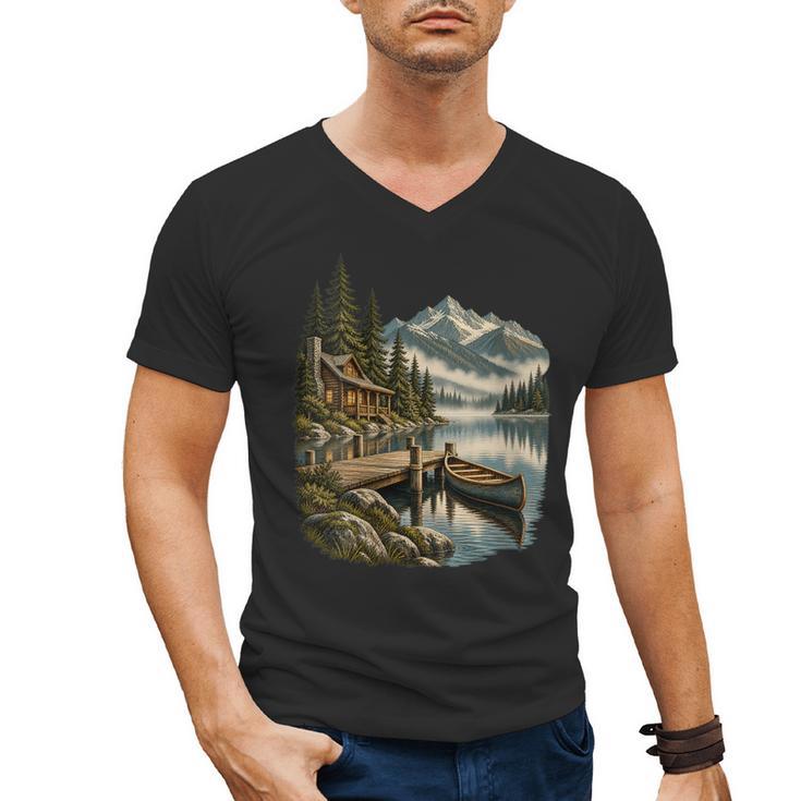 Women's Lakeside Canoe Cabin Escape Scene Men's V-Neck T-Shirt