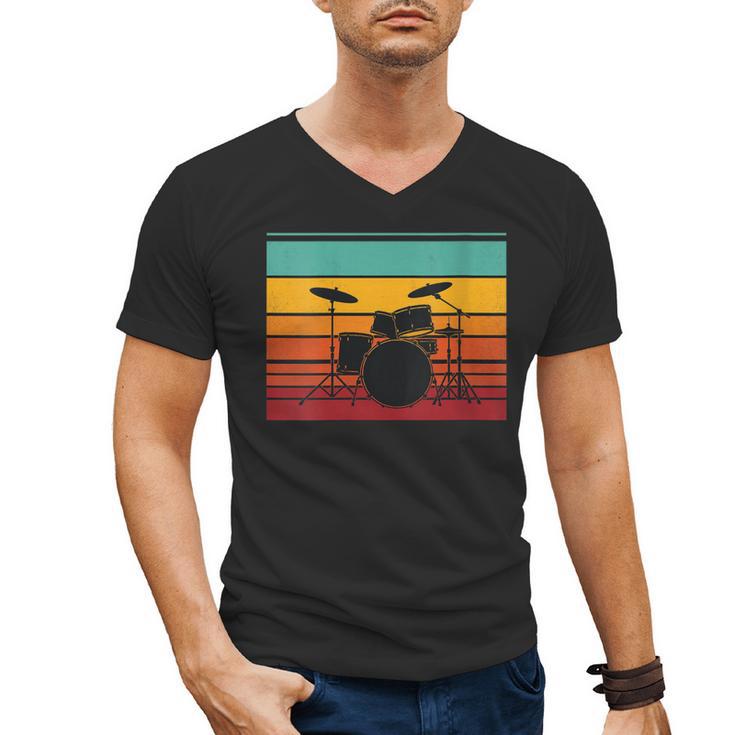 Women's Retro Drum Kit Silhouette With Color Stripes Men's V-Neck T-Shirt