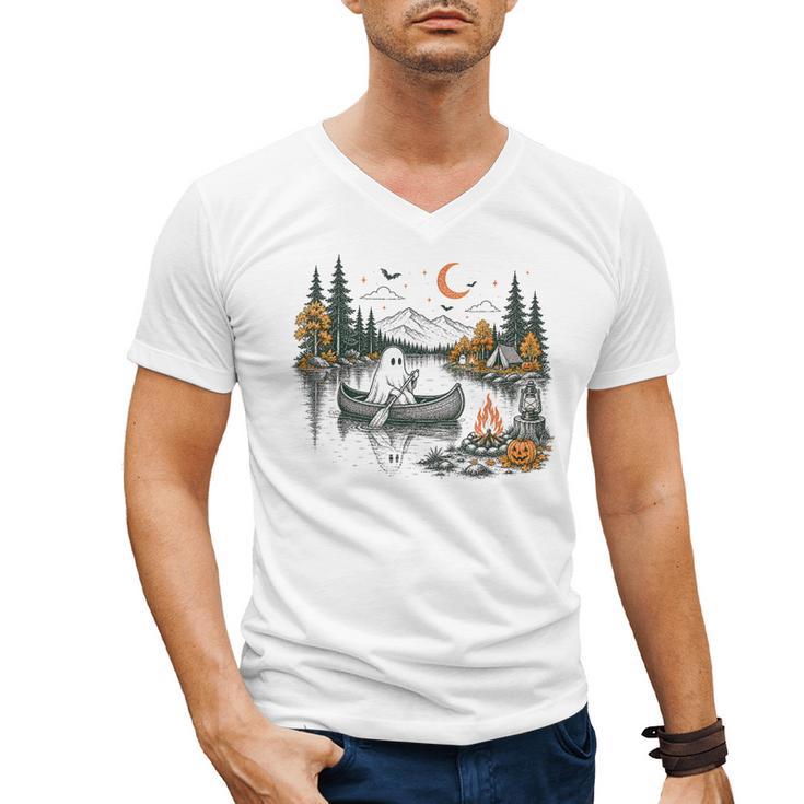 Canoe Ghost Camping Ghost Lake Halloween Spooky Fall Camping Men's V-Neck T-Shirt