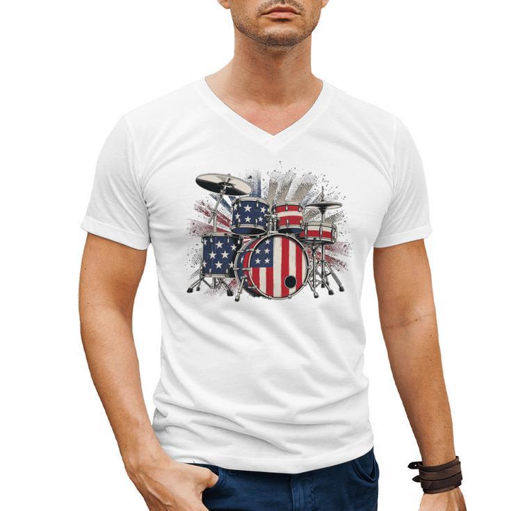 Drum Kit With American Flag Graphic For Musicians Men's V-Neck T-Shirt