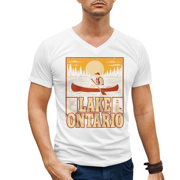Lake Ontario Canoe Fishing Light House Sunset Retro Raglan Baseball Tee Men's V-Neck T-Shirt