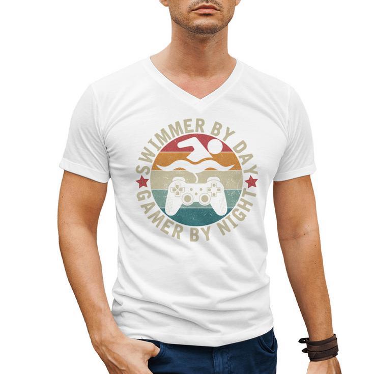 Swimmer By Day Gamer By Night Swimming Swim Gaming Men's V-Neck T-Shirt