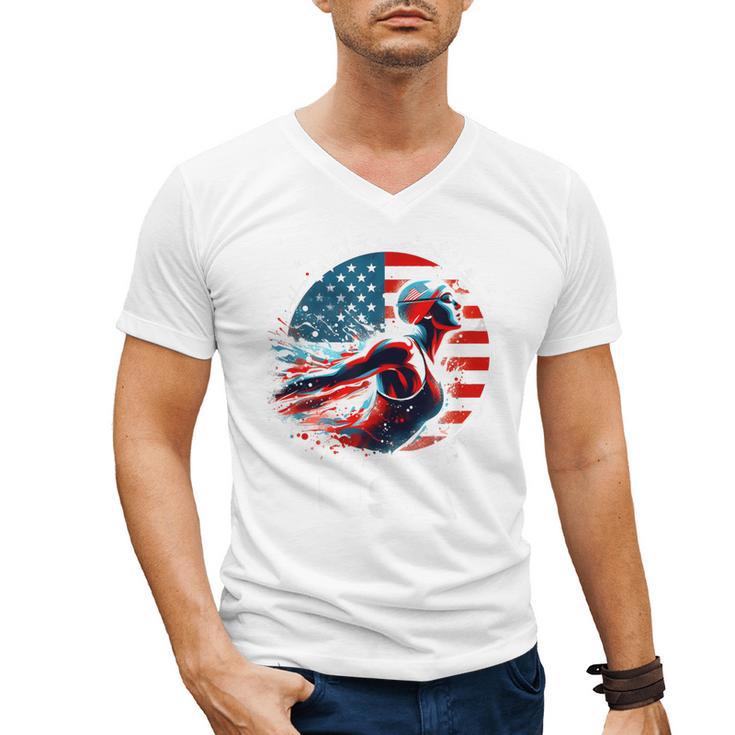 Swimming United States Apparel American Flag Swimming Men's V-Neck T-Shirt