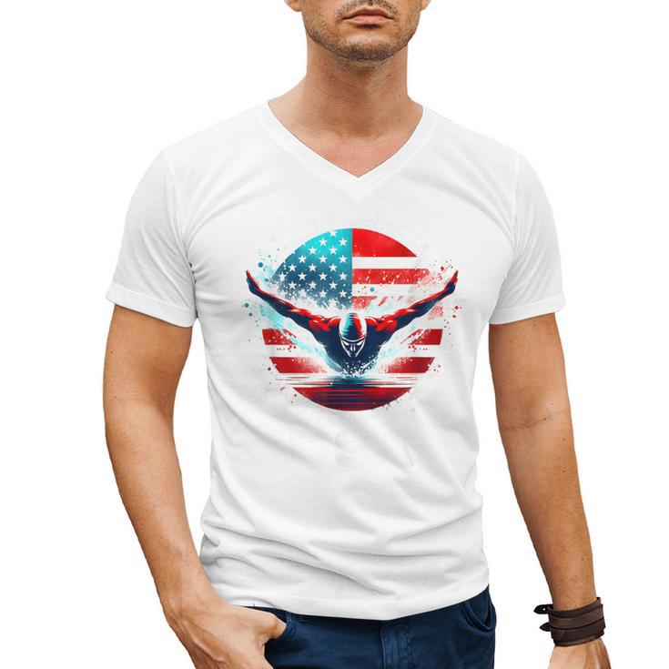 Swimming United States Shirt With American Flag Swimming Men's V-Neck T-Shirt