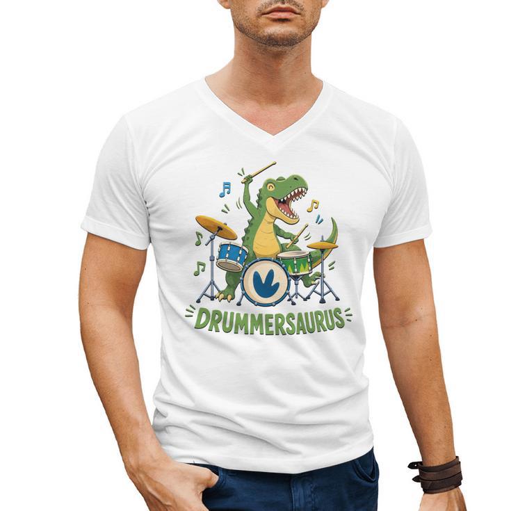 T-Rex Drumming With Drum Kit And Musical Notes Men's V-Neck T-Shirt