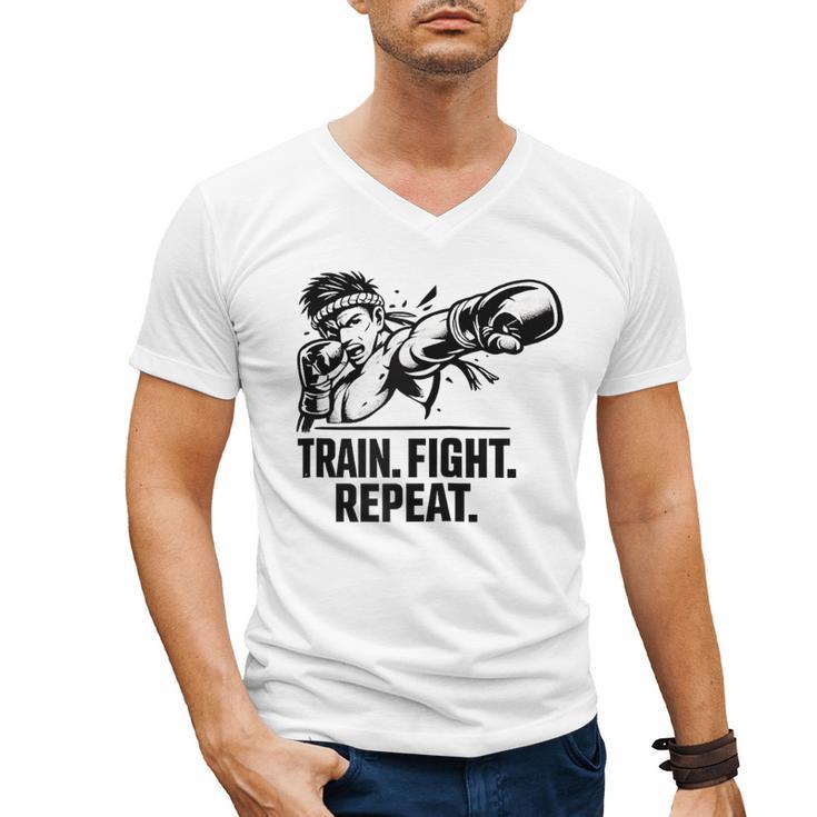 Train Fight Repeat Nak Muay Thai Boxing Fighter Raglan Baseball Tee Men's V-Neck T-Shirt
