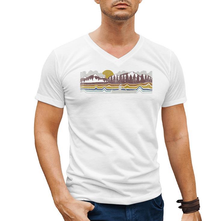 Trendy Canoe Silhouette Colourful Landscape Raglan Baseball Tee Men's V-Neck T-Shirt