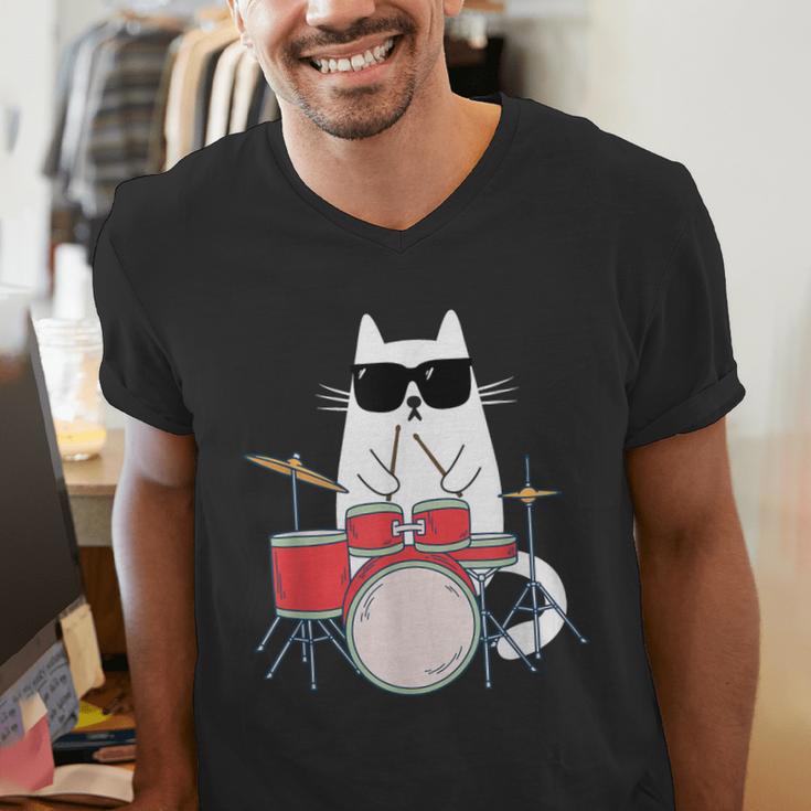 Cat Wearing Sunglasses Playing Drums Drum Kit Musician Men's V-Neck T-Shirt