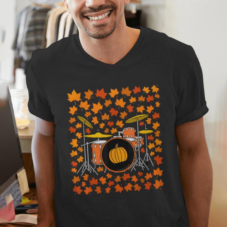 Drum Kit With Leaves Fall Drummer Autumn Musician Men's V-Neck T-Shirt Drum Kit With Leaves Fall Drummer Autumn Musician Men's V-Neck T-Shirt