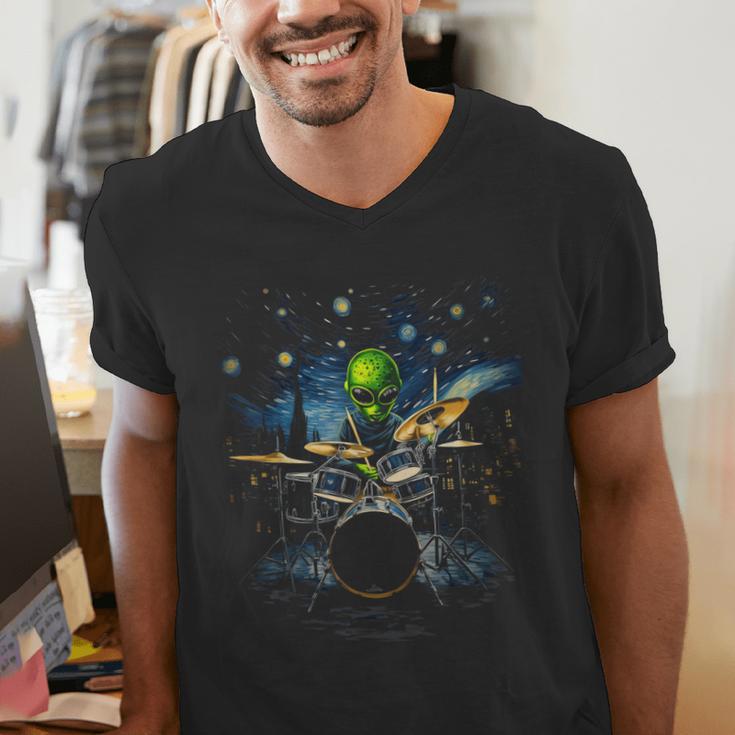 Drum Kit Percussionist Drummer Van Gogh Alien Playing Drums Men's V-Neck T-Shirt Drum Kit Percussionist Drummer Van Gogh Alien Playing Drums Men's V-Neck T-Shirt