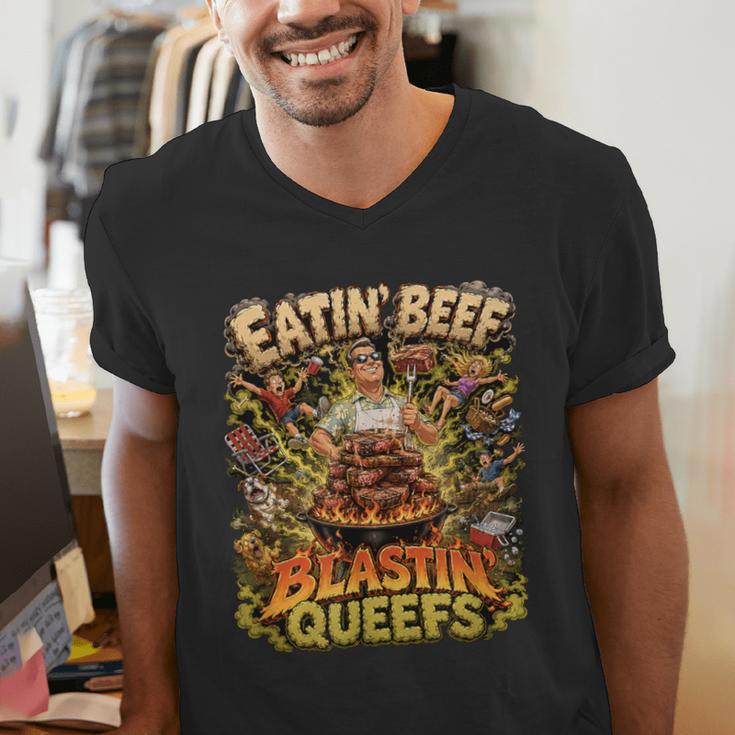 Eatin Beef Blastin Queefs BBQ Dad Grill Cookout Meme Men's V-Neck T-Shirt