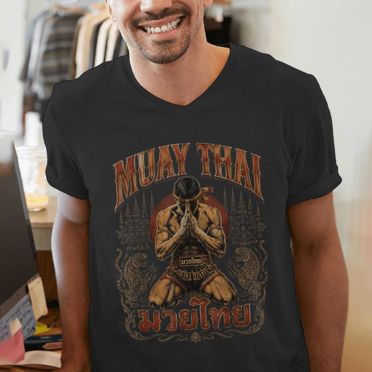 Faded Muay Thai Fighter Nak Muay Thailand Boxing Men's V-Neck T-Shirt Faded Muay Thai Fighter Nak Muay Thailand Boxing Men's V-Neck T-Shirt