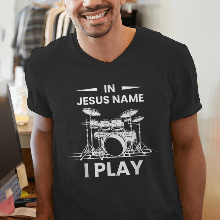 In Jesus Name I Play Drummer Drum Kit Men's V-Neck T-Shirt In Jesus Name I Play Drummer Drum Kit Men's V-Neck T-Shirt