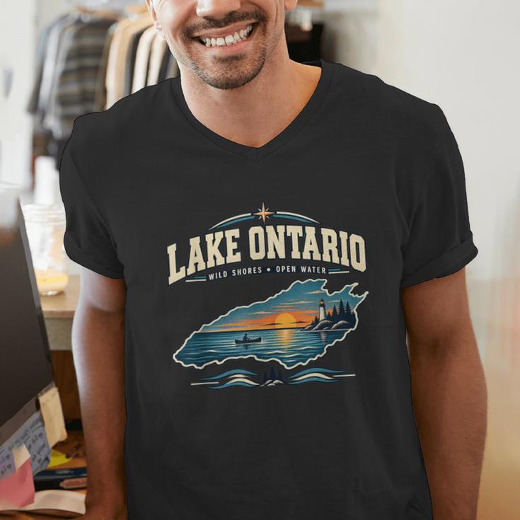 Lakes Lake Ontario Fishing Canoe Lighthouse Outdoor Men's V-Neck T-Shirt Lakes Lake Ontario Fishing Canoe Lighthouse Outdoor Men's V-Neck T-Shirt