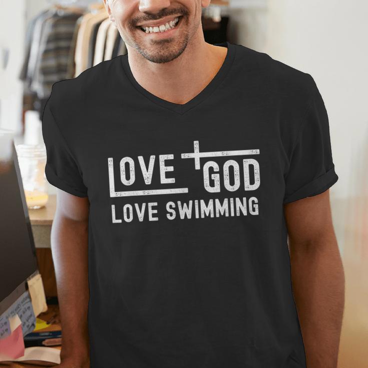 Love God Love Swimming Swim With Jesus For Christian Athlete Men's V-Neck T-Shirt Love God Love Swimming Swim With Jesus For Christian Athlete Men's V-Neck T-Shirt