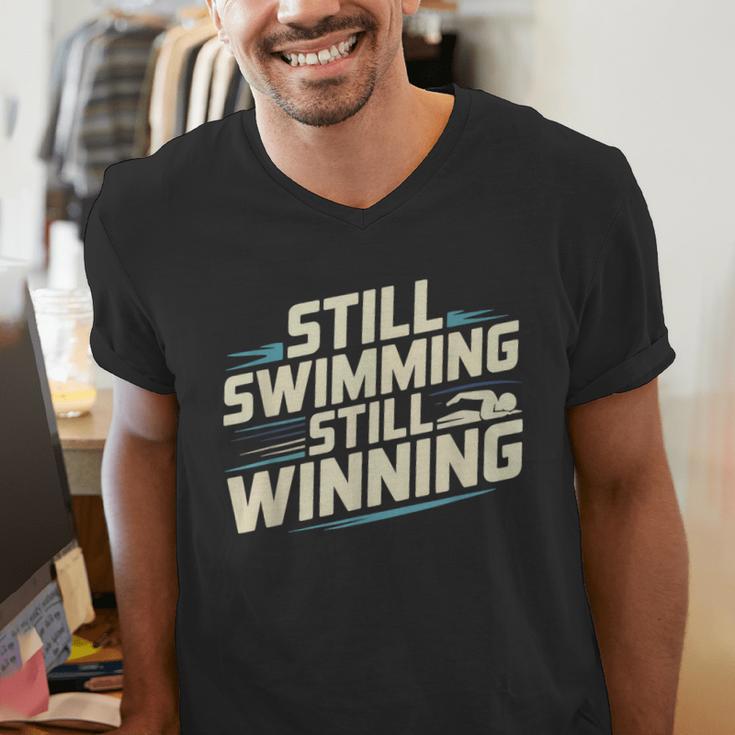Masters Swimmer Still Swimming Competing Winning Adult Men's V-Neck T-Shirt