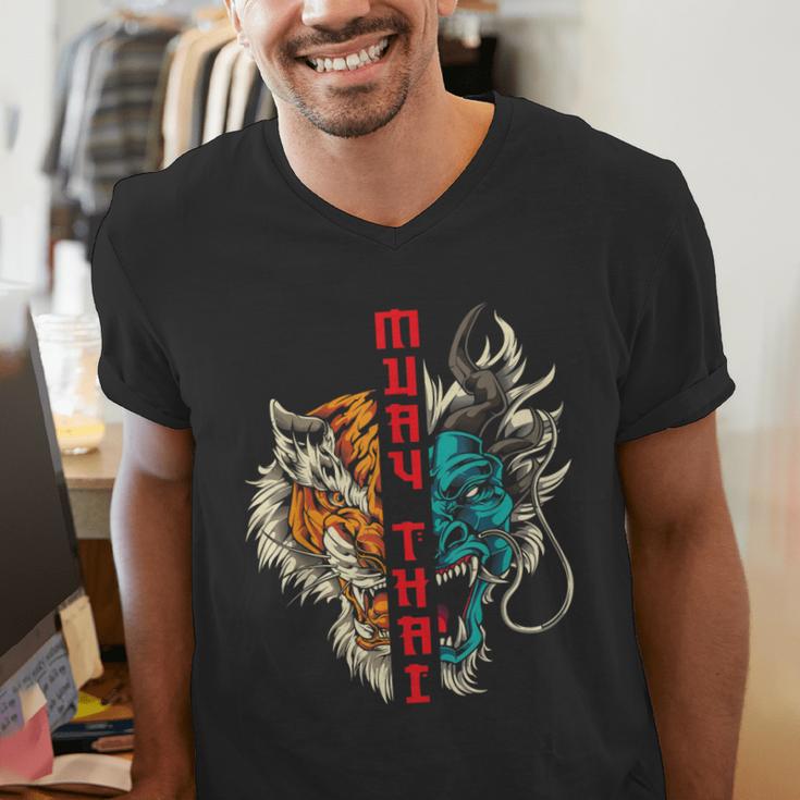 Muay Thai Thai Boxing Dragon Tiger Men's V-Neck T-Shirt Muay Thai Thai Boxing Dragon Tiger Men's V-Neck T-Shirt