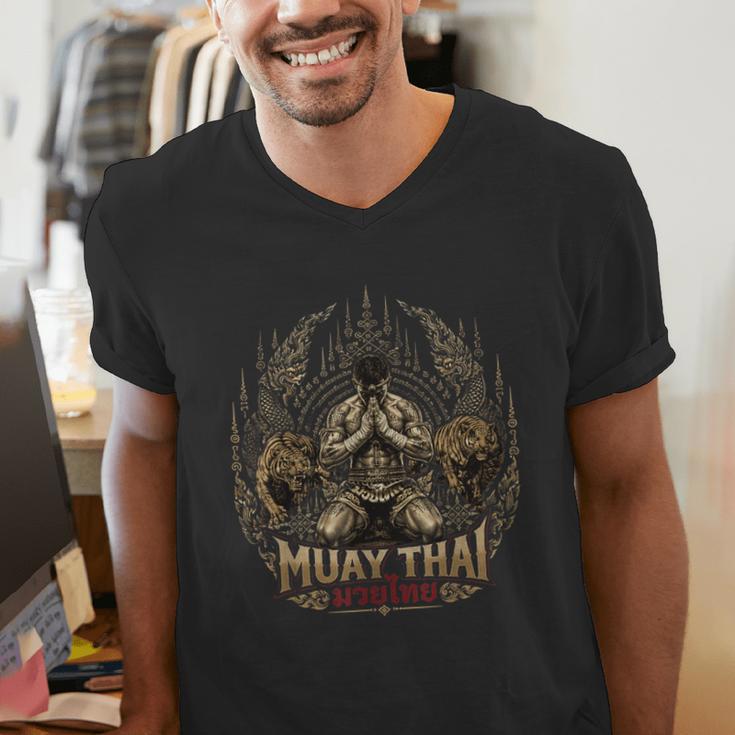 Muay Thai Clinch Vintage Thai Boxing Fighter Art Men's V-Neck T-Shirt